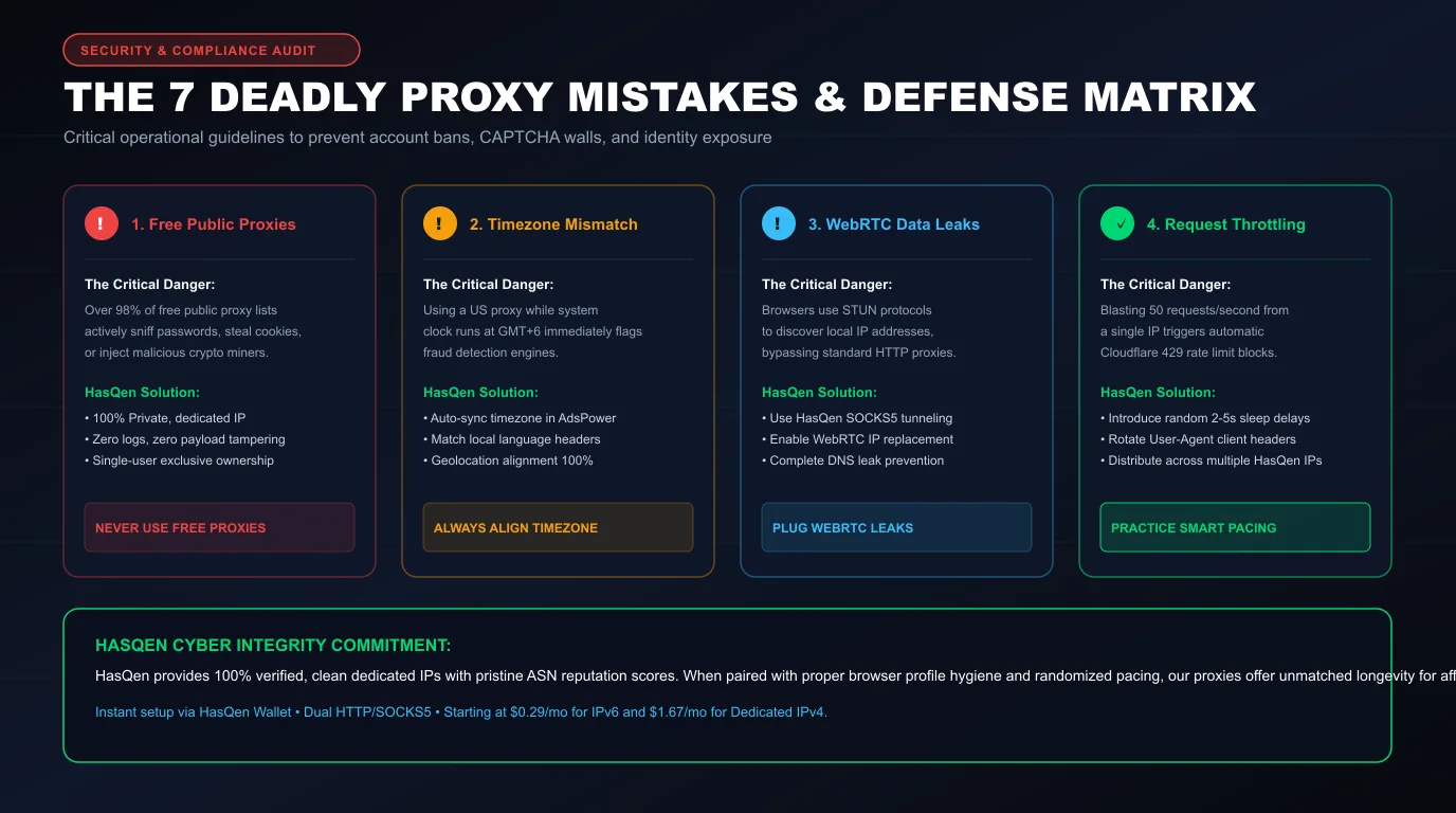 Proxy Security and Anti-Ban Checklist Infographic Detailing WebRTC Leaks, Timezone Matching, and Rate Pacing